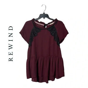 0382W. REWIND SHORT SLEEVE LACE/RUFFLES BLOUSE MAROON/BLACK IN COLOR SIZE‎ SMALL